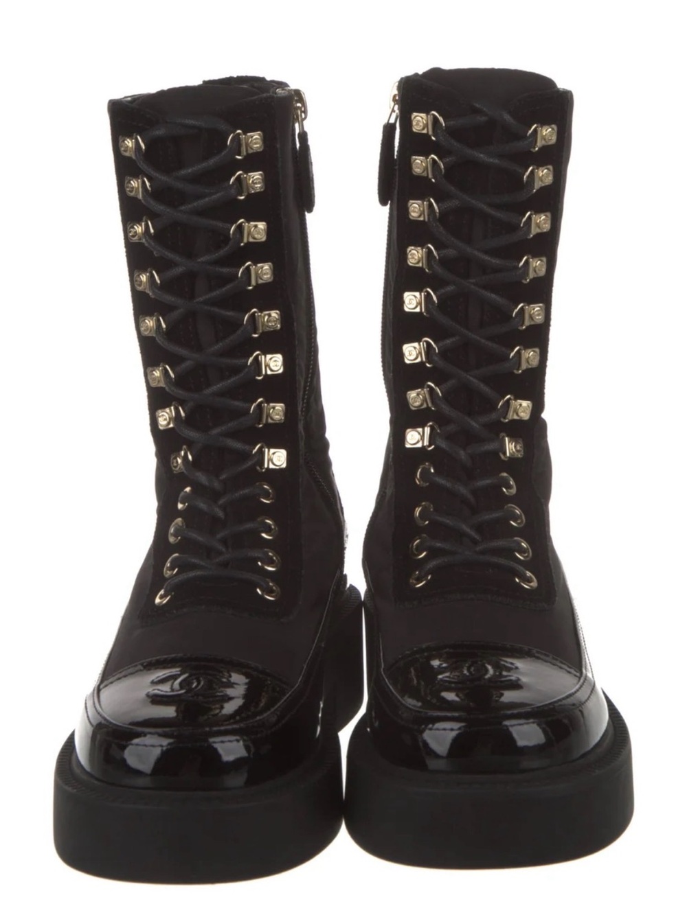 CHANEL Black Lace-Up Platform Combat Boots with Gold Hardware